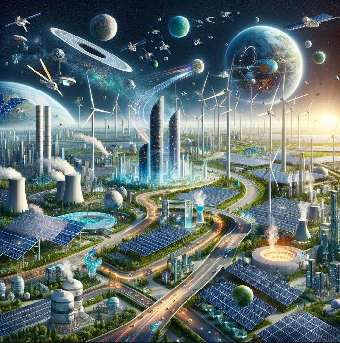 A city with solar panels and windmills

Description automatically generated